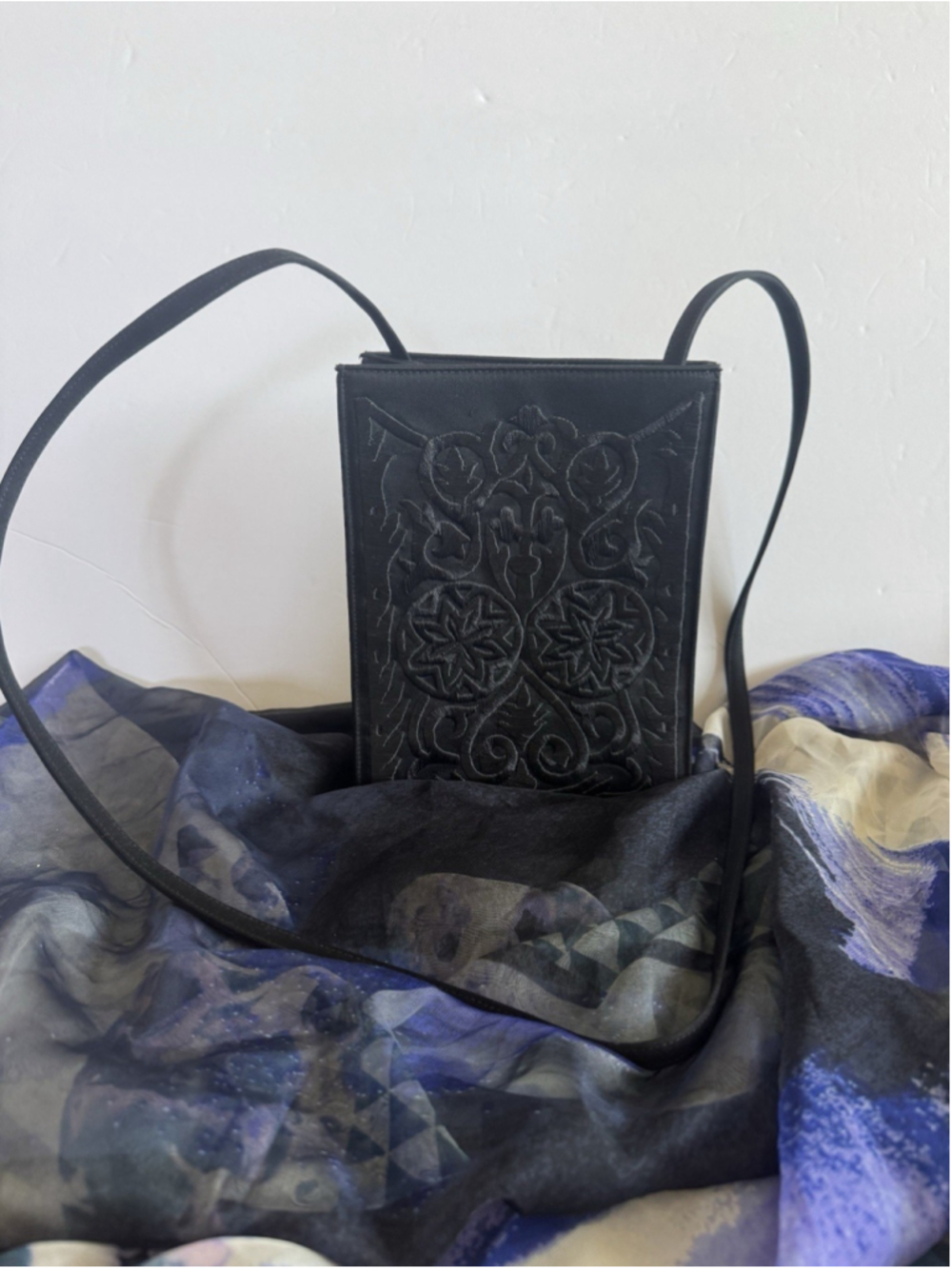 Vintage Donna Karan New York Black Embroidered Satin Crossbody Evening Bag